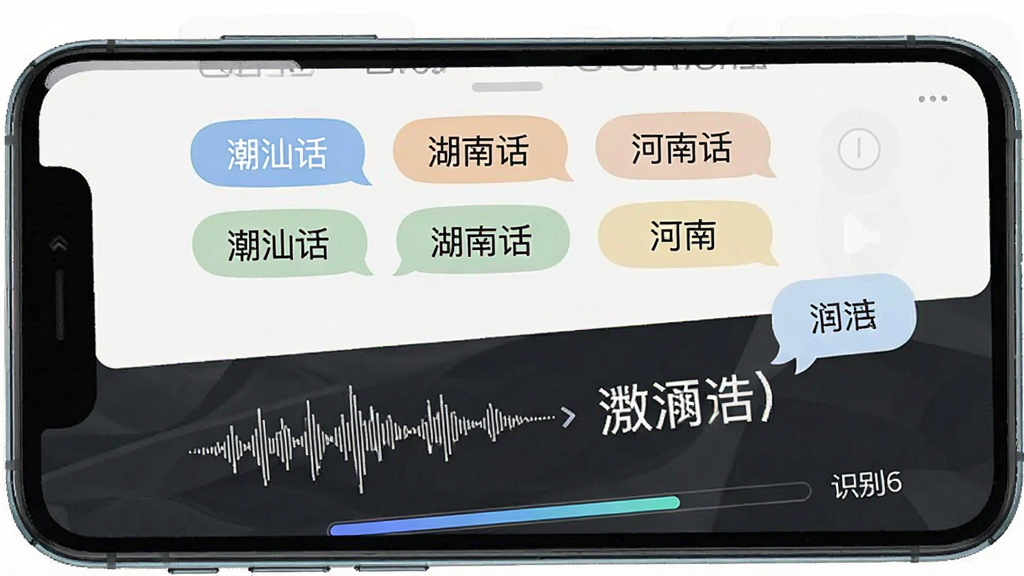 一张展示方言翻译器多方言识别功能的示意图,画面主体为手机屏幕,屏幕内呈现多个方言选项标签如“潮汕话”“湖南话”“河南话”等排列整齐,下方为语音波形与文字转换动画,风格清新简约,细节包含方言气泡与识别进度条,画质干净清晰,无多余元素