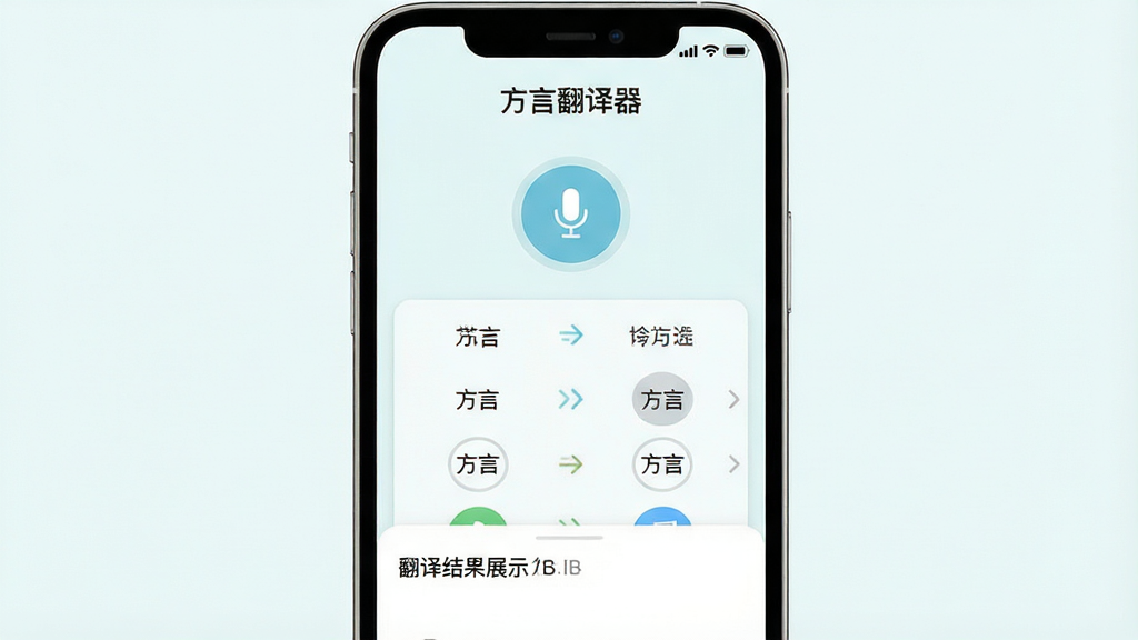 一张展示方言翻译器软件界面的手机屏幕截图,画面中央为软件主功能页,顶部显示“方言翻译器”名称,中部为语音输入按钮与方言选择列表,底部为翻译结果展示区,整体采用清新浅色风格,布局简洁清晰,细节包含麦克风图标与文字转换箭头,画质清晰干净,无多余元素