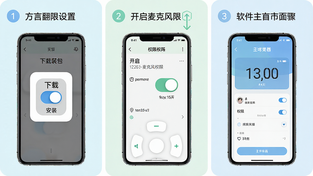 一张展示方言翻译器在手机上安装与权限设置步骤的示意图,画面分为三个步骤面板,分别显示下载安装包、开启麦克风权限、软件主界面,风格清新浅色,布局从左至右排列,细节包含权限开关图标与步骤序号,画质清晰干净,无多余元素