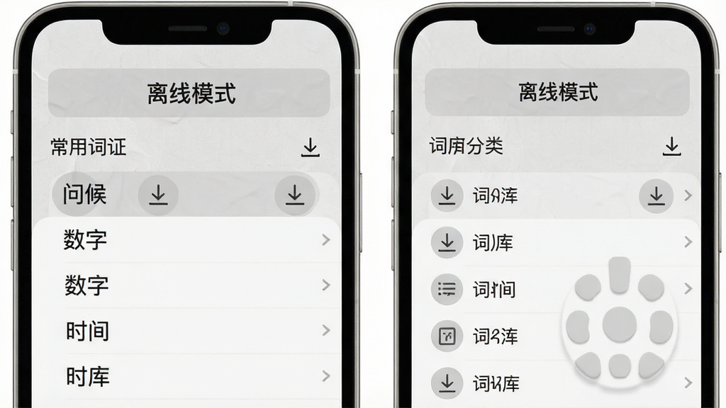 一张展示方言翻译器离线词库功能的示意图,画面为手机屏幕显示“离线模式”标识,下方列出常用词汇分类如问候、数字、时间等,风格浅灰质感,细节包含下载箭头与词库列表,画质干净清晰,无多余元素