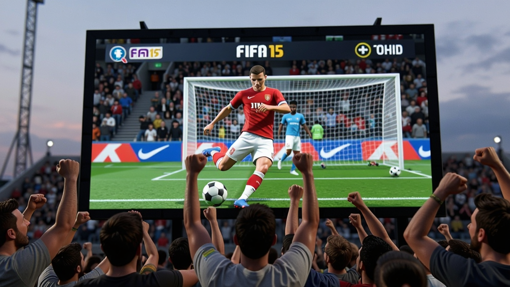 һȺ�����ڴ���Ļǰ���ҵعۿ�FIFA 15��Ϸ�Ծ�����Ļ����ʾһ����Ա�������ţ������ǻ���˫�ֻ���