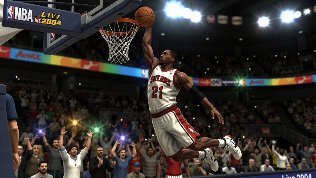 һ��NBA Live 2004��Ϸ�еĿ���˲�䣬��Ա�������ۣ����ڻ������򳡵ƹ�Ѥ��