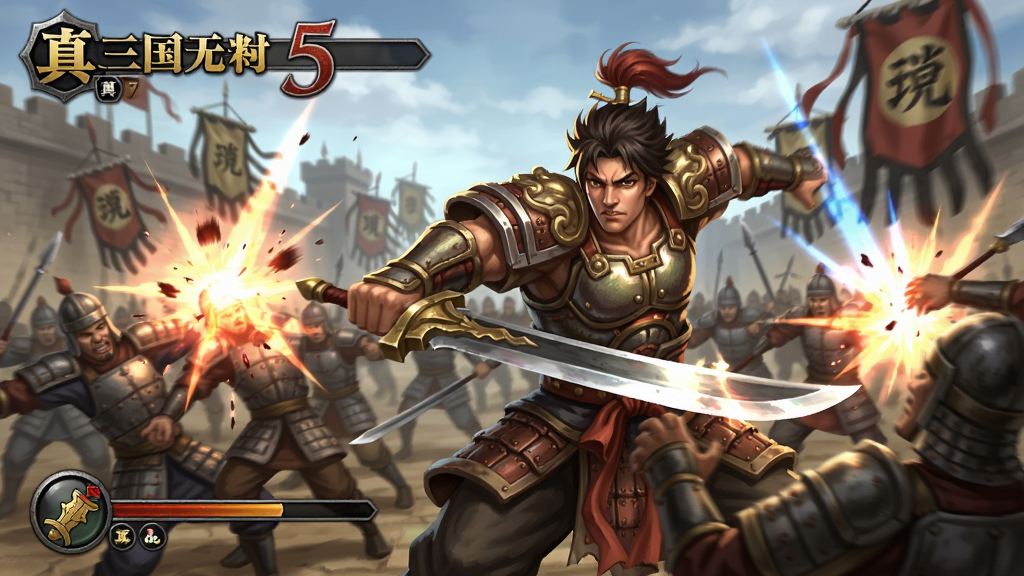 真三国无双5游戏中武将挥剑砍杀大批敌兵的特写镜头,画面充满动感和特效