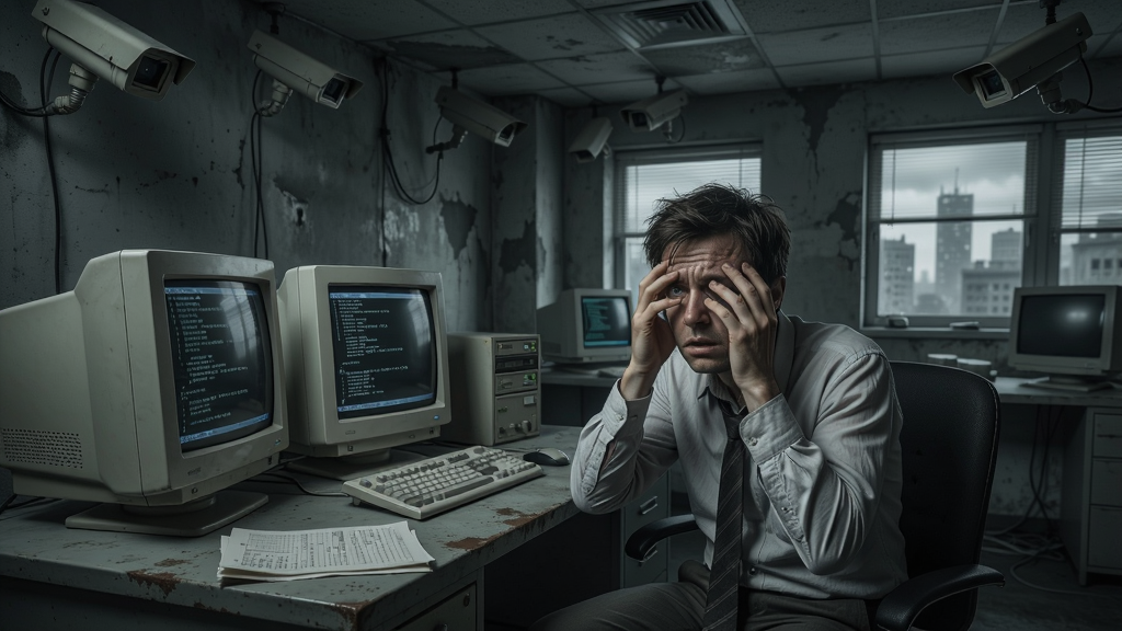 A dystopian office with surveillance cameras and computer screens, the protagonist sitting at the desk looking nervous