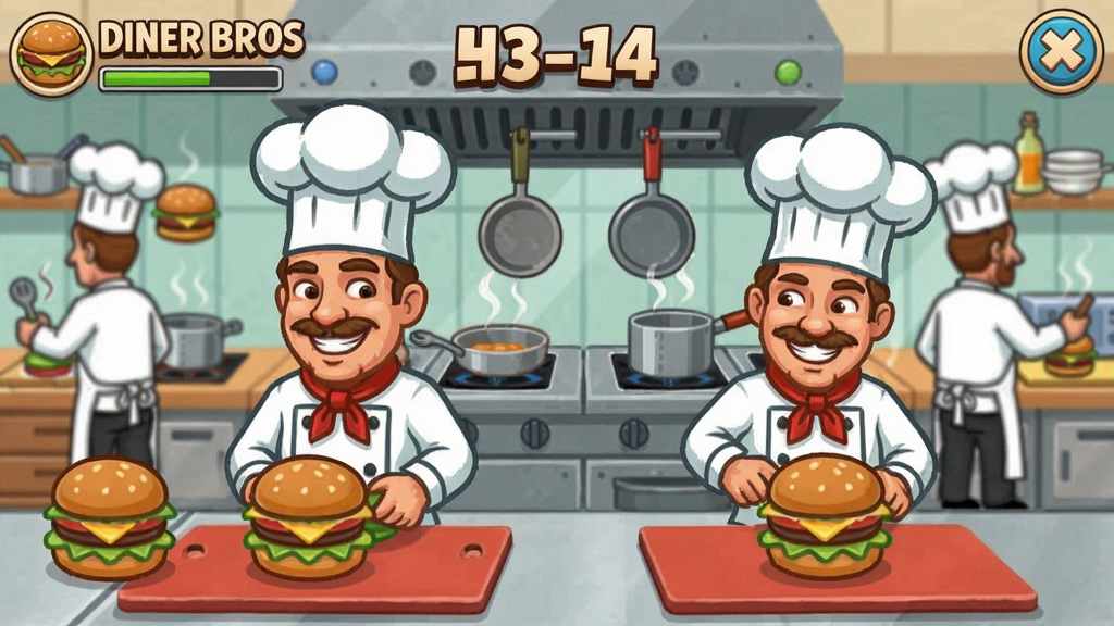 A screenshot of Diner Bros game showing two chefs making burgers in a busy kitchen