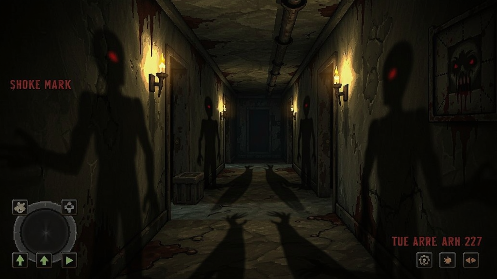 horror game dark corridor with eerie lighting and shadows