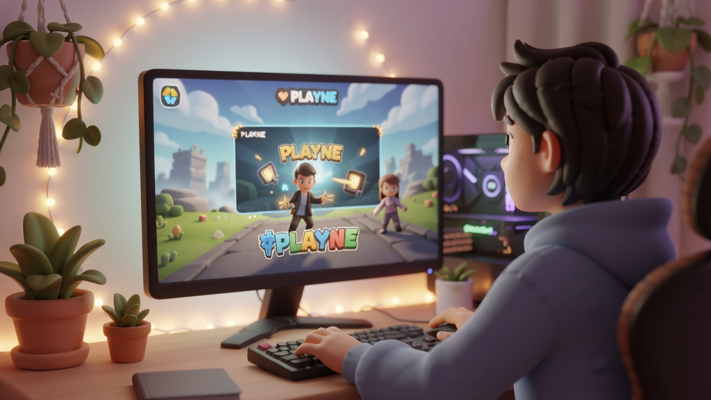 һλ������ڵ���ǰ����Ļ����ʾPLAYNE��Ϸ���棬��Χ��������͵Ĺ��ߺ�ֲ�Ӫ����������ɵķ�Χ