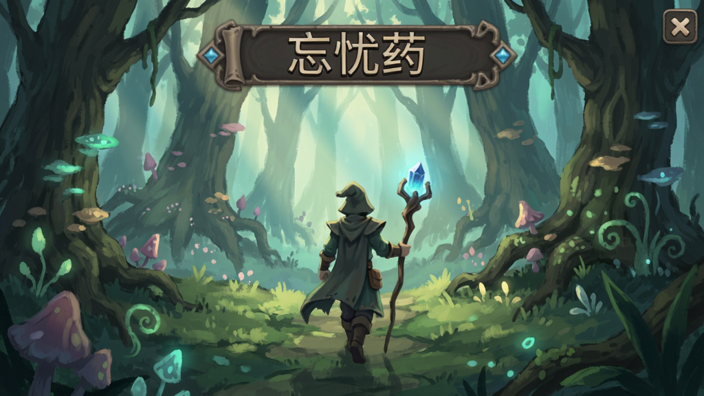 忘忧药游戏主界面,角色在奇幻森林中行走,柔和光线,手绘风格,神秘氛围
