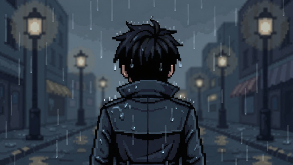 游戏主角在雨中离别的场景,像素风格,色调忧郁,角色背影与模糊的街灯
