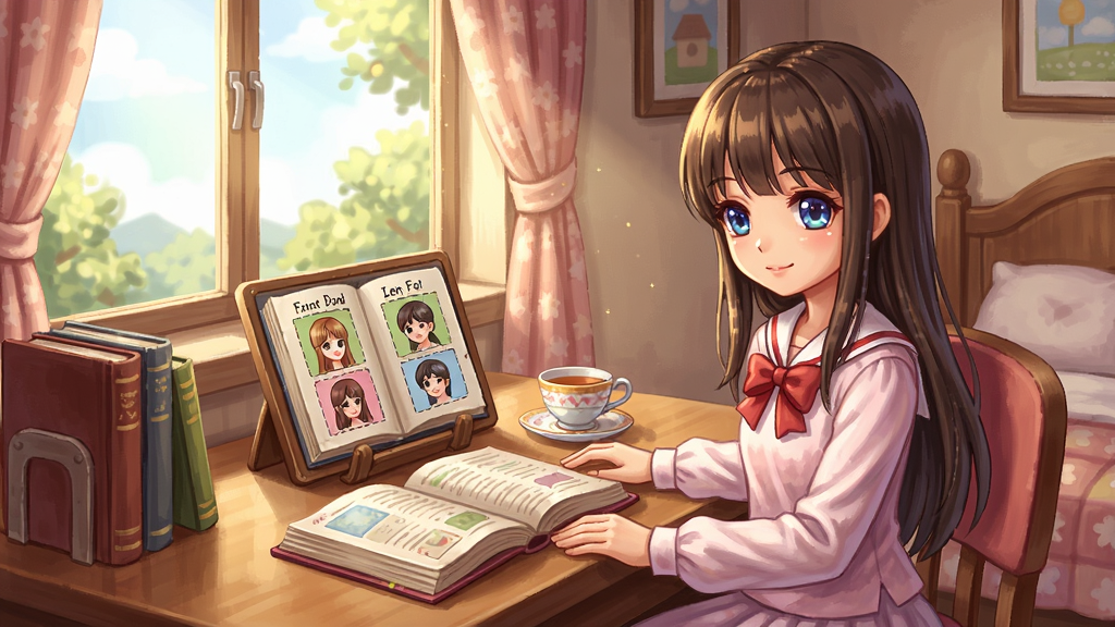 美少女梦工厂5游戏场景,女儿在温馨的房间里选择当天的课程安排,桌面摆放着书本和茶杯,窗外阳光明媚