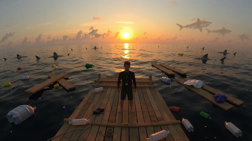 木筏在夕阳下海面上漂流,玩家站在木筏上,周围有漂浮的木板和塑料,鲨鱼在远处游动