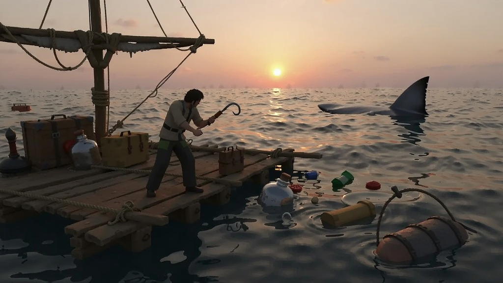 浩瀚海洋中一座简陋木筏上,玩家正在用钩子收集漂浮物资,背景有夕阳和鲨鱼鳍