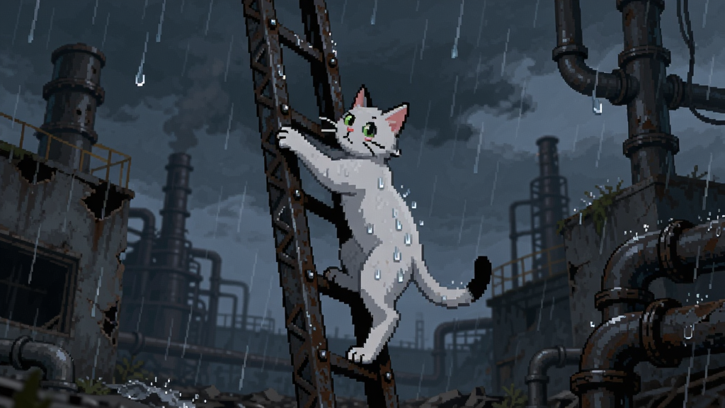 雨的世界中一只白色猫咪在倾盆大雨下攀爬铁架,周围是废弃的工厂和管道,氛围阴郁而神秘,像素风格