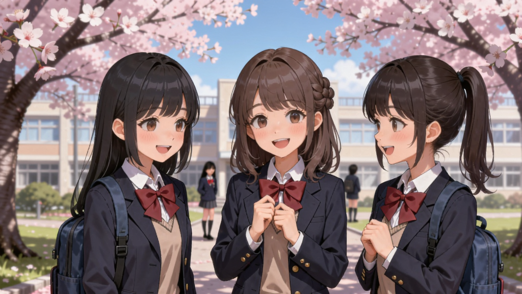 交错频道游戏角色立绘展示,少女们在校园樱花树下的温馨场景