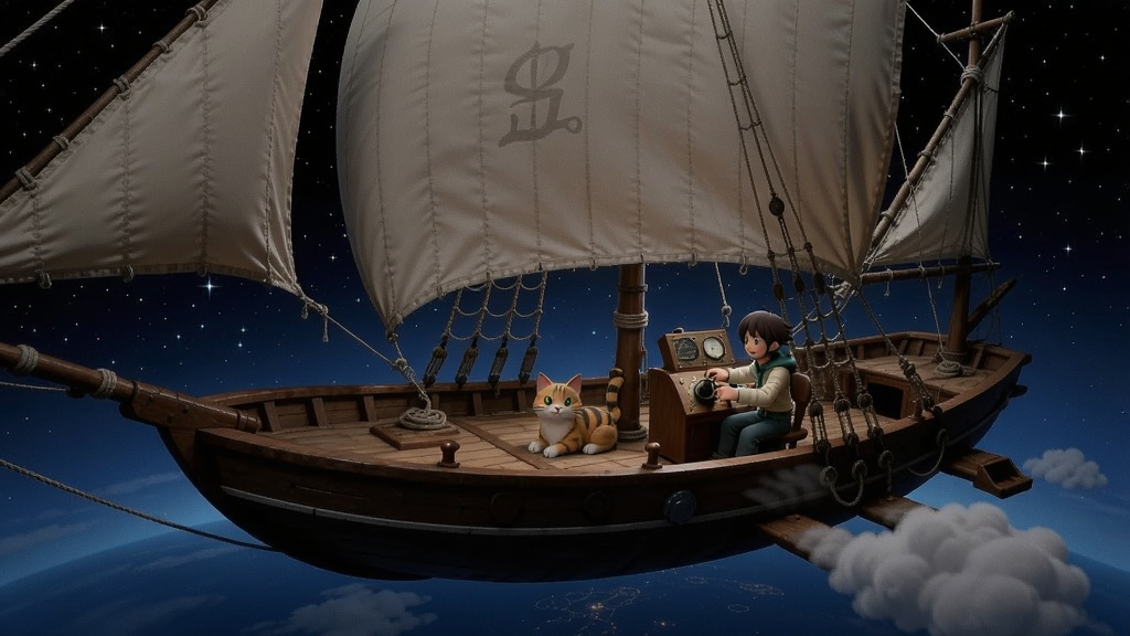 一艘古老的蓬船在星空下飞行,船内有猫和主角在操控仪器的场景