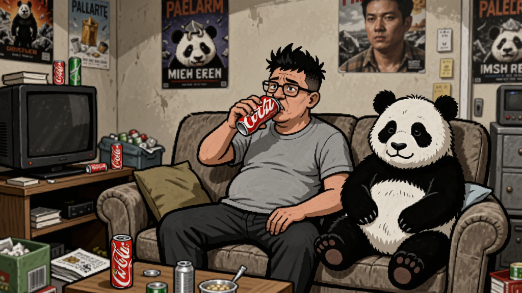 废宅魔王在乱七八糟的小屋里坐在沙发上喝可乐,旁边有一只熊猫伴侣