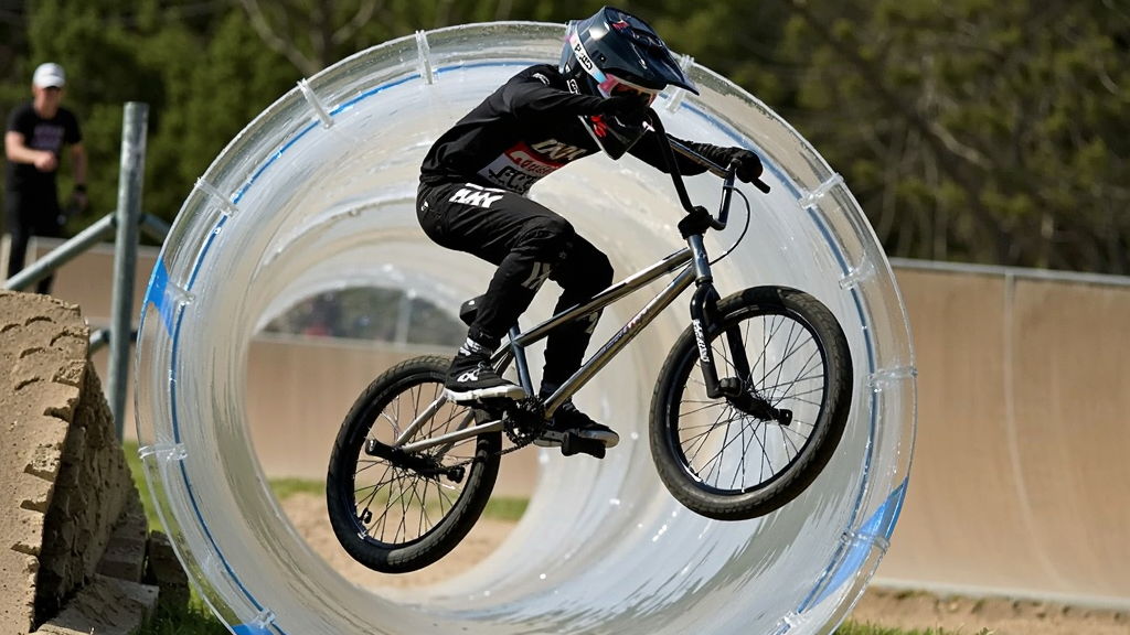 BMX自行车在水管中腾空跳跃的特写场景