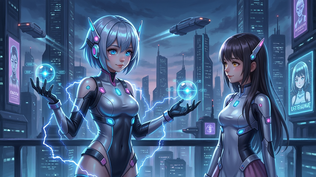 等离子少女游戏中的主角与少女在未来城市的场景,科幻风格,充满浮光和电气效果