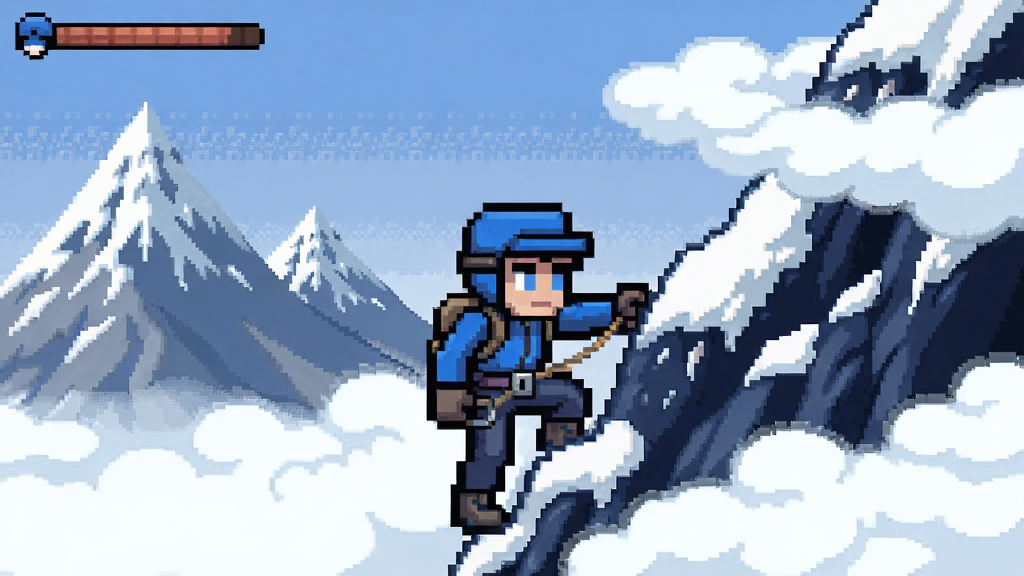 蓝蓝游戏主角马德林在雪山攀爬的场景,像素风格,云雾缠绕