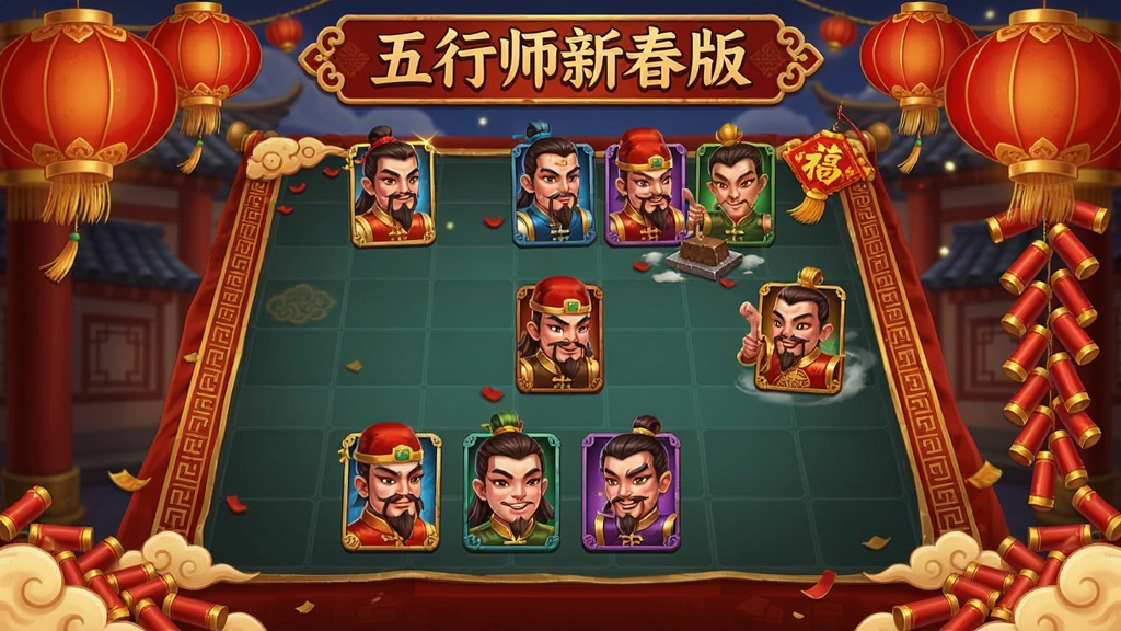 五行师新春版游戏截图,喜庆的中国风卡牌对战界面,红灯笼和鞭炮装饰