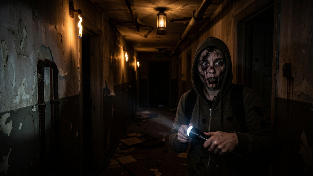 The Impure horror scene, dark corridor with flickering lights, player holding a flashlight