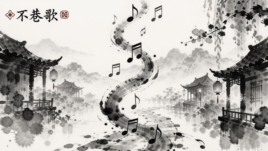 不巷歌游戏水墨风格界面,古典音符飘落