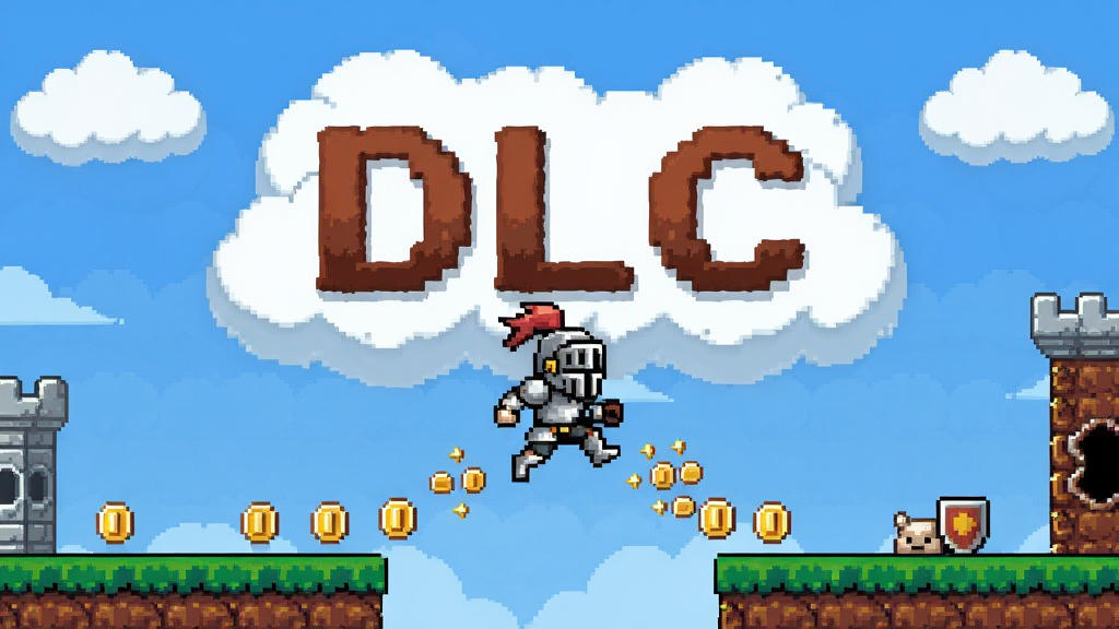 像素风格骑士在2D关卡中跳跃,金币飞溅,天空中飘着巨大的“DLC”字样的云朵,画面充满讽刺和幽默感
