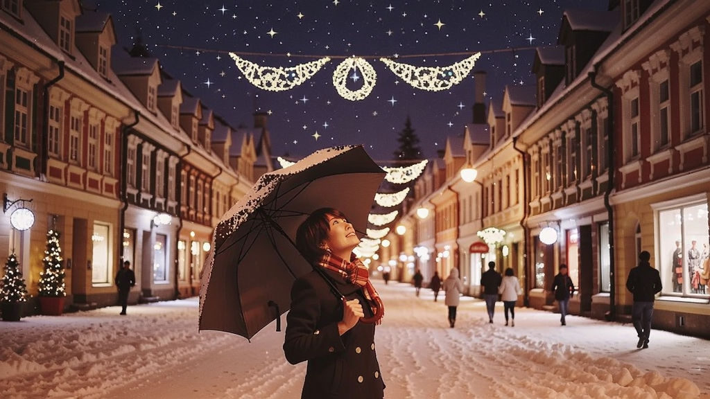 圣诞夜雪中的街道,主角撑着伞仰望星空