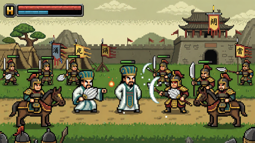 三国题材回合制单机游戏场景,诸葛亮与武将队伍在古风战场中战斗,怀旧像素风格