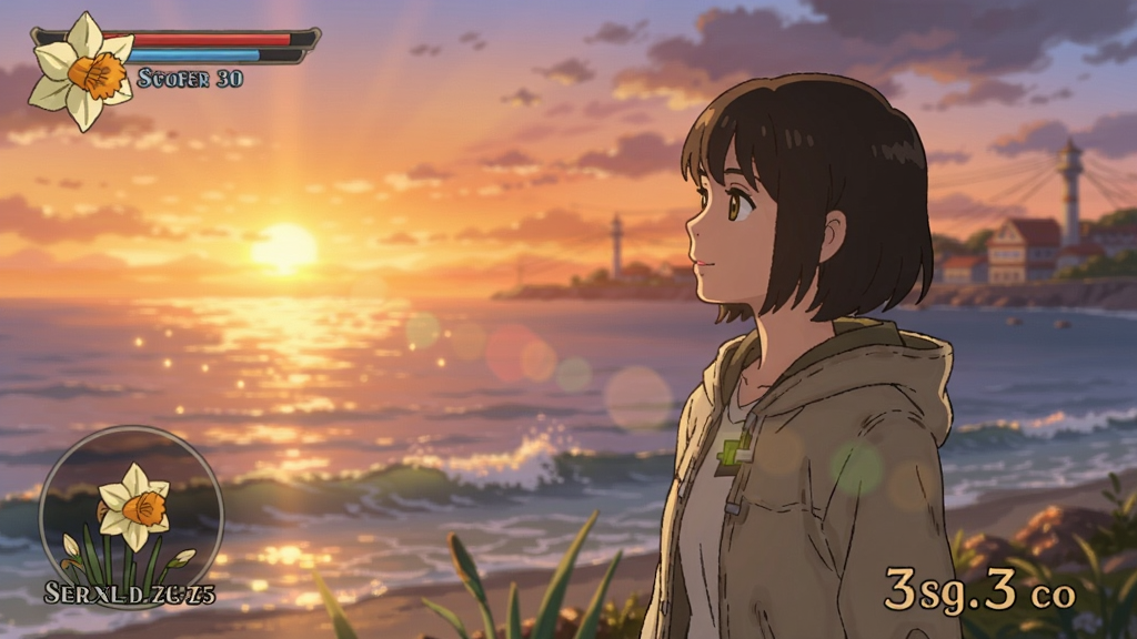水仙3游戏中唯美的场景,主角站在海边,夕阳余晖洒落,画面充满希望与温暖的气息
