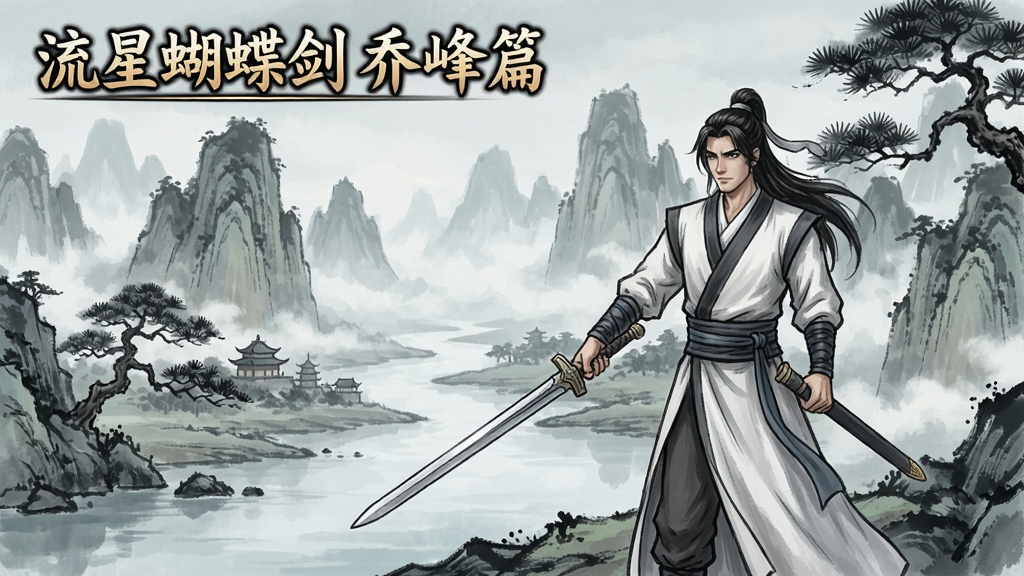 流星蝴蝶剑乔峰篇游戏场景,古代武侠风格,人物持剑站立,背景山水如画