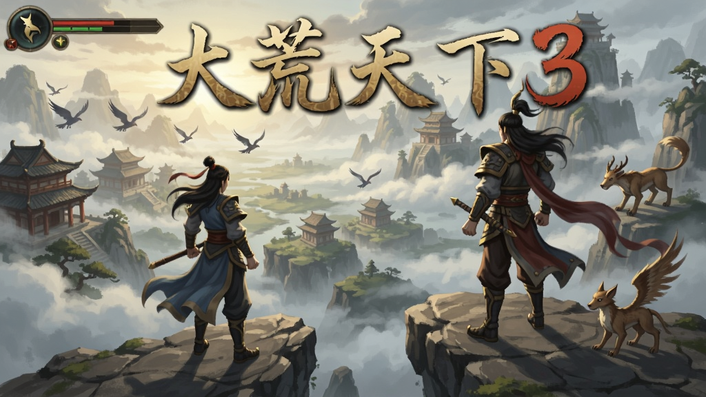 大荒天下3游戏画面,东方玄幻风格,角色在云雾缭绕的山巅俯瞰大地,远处有古代建筑和飞禽走兽