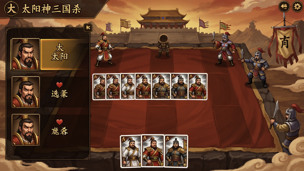 太阳神三国杀游戏界面截图,展示武将选择画面和卡牌对战场景