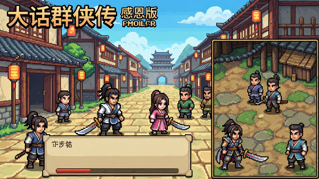 大话群侠传感恩版游戏场景,古风武侠城镇,侠客与NPC对话,回合制战斗界面,像素画风,色彩鲜明