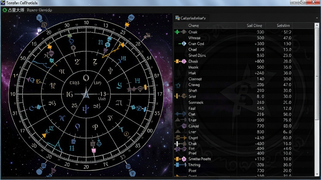 占星大师软件界面截图,显示复杂星盘图与行星数据表格,背景为星空宇宙