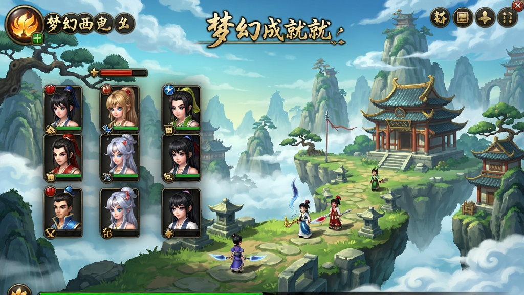 梦幻西游单机版功成名就的游戏主界面截图,展示角色选择画面和精美的游戏场景,色彩鲜艳,充满仙侠风格
