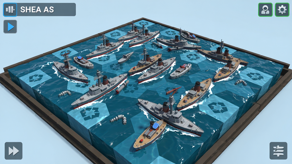 3D海战棋游戏画面,立体棋盘上部署着的舰船模型,海面效果逼真,游戏界面简洁清晰