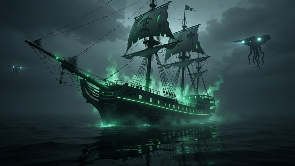 幽灵船在黑暗海洋上漂浮,船体发出幽光,周围雾气弥漫,神秘而恐怖的海上场景