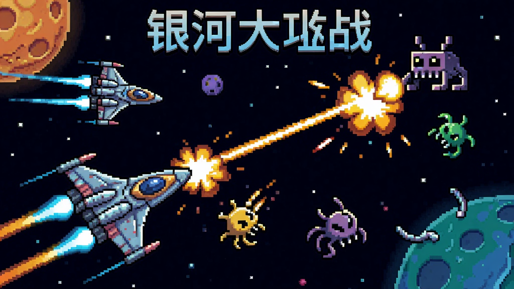银河大作战游戏画面,太空战机与外星敌机激烈交火,像素风格,色彩鲜艳,充满动感