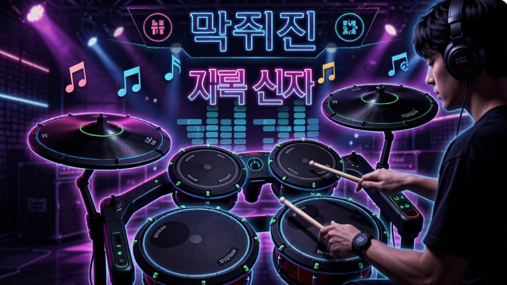 劲爆韩式打鼓机游戏界面,霓虹灯光,韩国流行音乐节奏,玩家敲击电子鼓