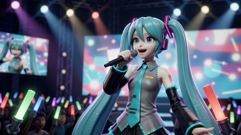 初音未来在绚丽舞台上唱歌的CG场景,周围有荧光棒和聚光灯