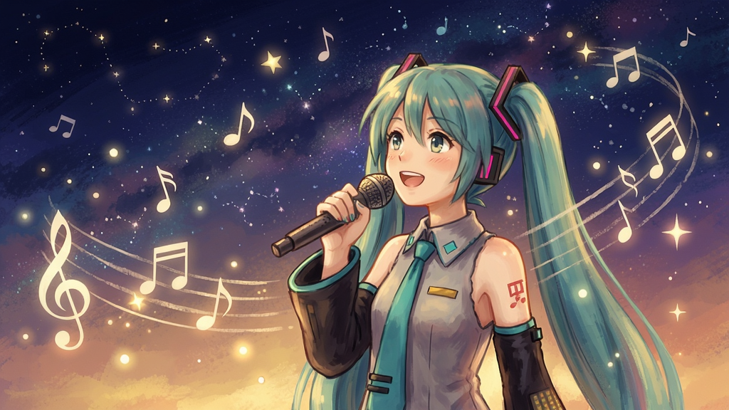 初音未来在星空下歌唱的温馨场景,周围漂浮着音符和光点