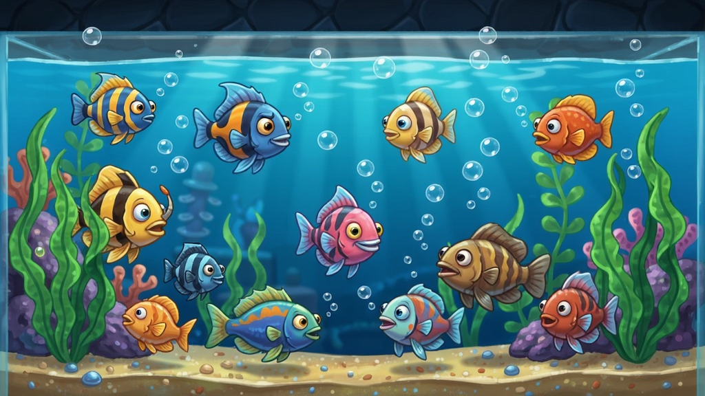 怪怪水族馆游戏画面,色彩斑斓的鱼缸中游动着各种奇特鱼类,水草摇曳,气泡上升,充满生机与活力