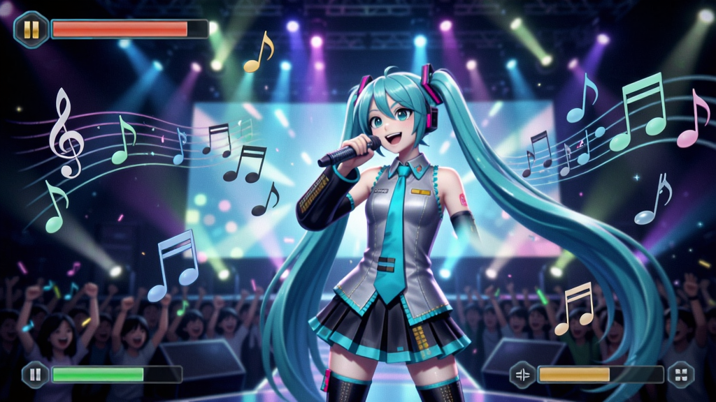 初音未来在舞台上唱歌跳舞,绚丽的灯光效果和飘落的音符,充满动感的音乐游戏场景