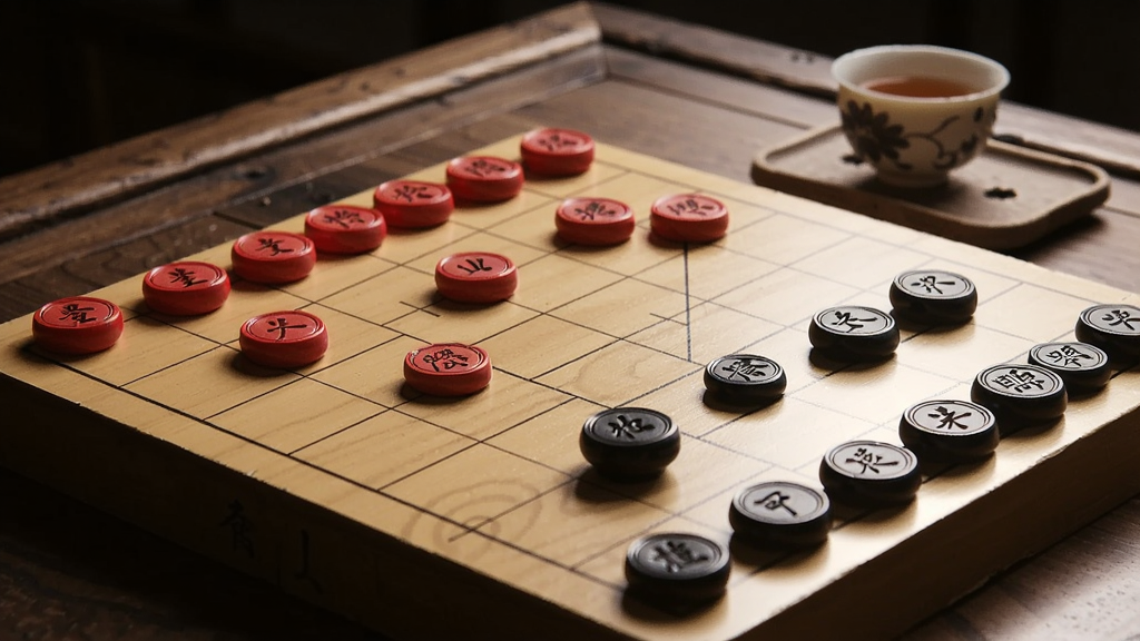 中国象棋棋盘特写,红黑双方棋子摆好,等待对弈,背景是古风木桌和茶盏,光线柔和,充满文化气息