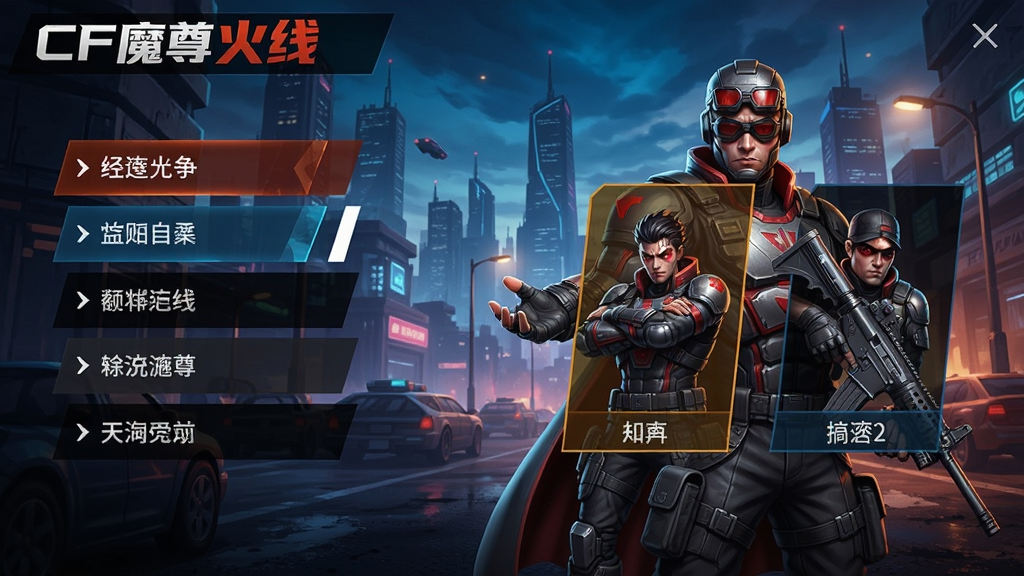 游戏主界面截图,展示CF魔尊火线游戏菜单和角色选择画面,风格现代,色彩鲜明