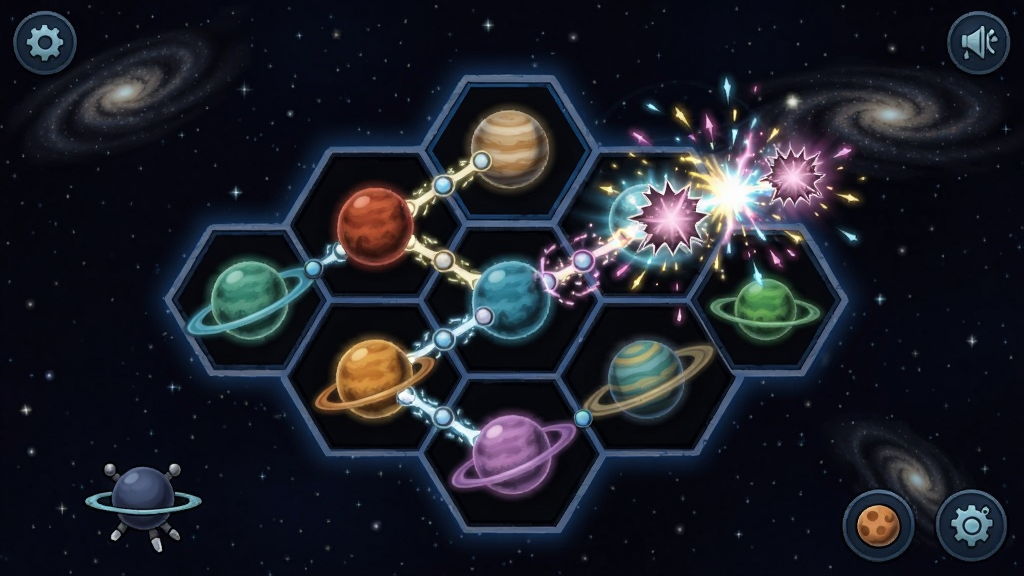 链式银河游戏界面,深邃星空背景,六边形网格上布满彩色星球,玩家正在连接同色星球,产生绚丽的消除特效