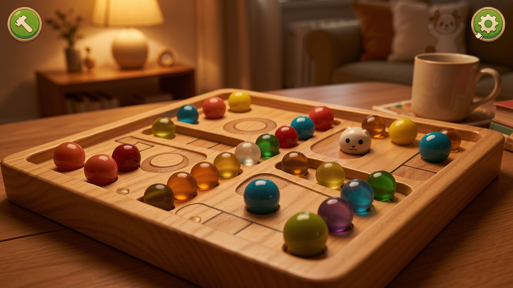 弹珠跳棋游戏画面,彩色弹珠在木质棋盘上排列,背景温馨,界面简洁,适合休闲游戏展示