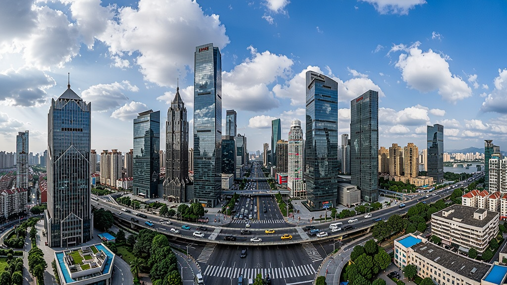 一座繁华的现代化城市全景,高楼林立,车水马龙,蓝天白云下的都市天际线