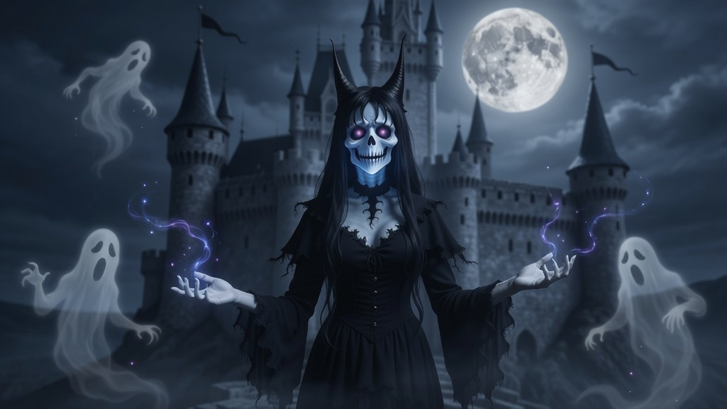 亡灵公主在月光下站在古老城堡前,周围环绕着幽灵和魔法光效,画面唯美梦幻
